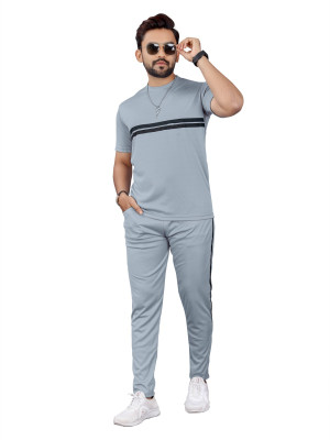 BALUDAENTEPRISE Men Striped Grey Night Suit Set