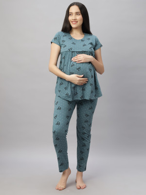 DZZO Women Printed Green Top & Pyjama Set