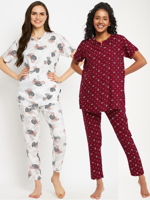 firstkrush Women Printed White, Maroon Night Suit Set