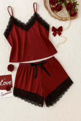 Jumri Doll Women Solid Maroon Top & Shorts Set