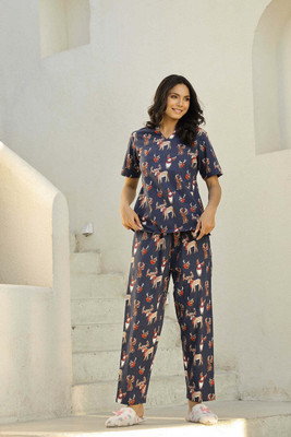 Jixpox Women Animal Print Blue Night Suit Set