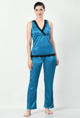 Legit Affair Women Colorblock Blue, Black Top & Pyjama Set