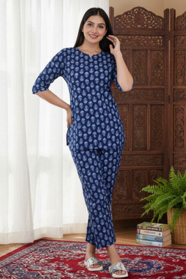 SAYANG Women Printed Blue, White Top & Pyjama Set