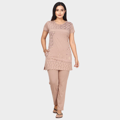 Clint Women Printed Beige Night Suit Set