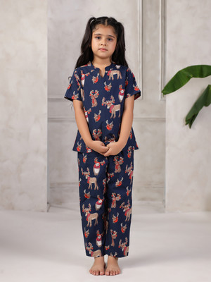 Sanskrutihomes Girls Printed Blue Night Suit Set