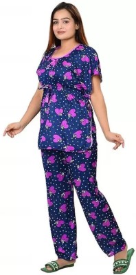 Kamill Women Printed Dark Blue, White, Pink Shirt & Pyjama set