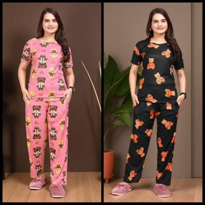 FASHION GREAB Women Printed Pink Top & Pyjama Set