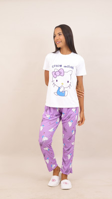 ENZO UNITY Women Printed Purple Night Suit Set