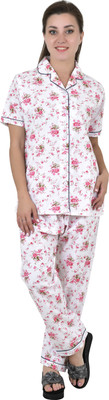 SDGP Women Floral Print White, Pink Top & Pyjama Set