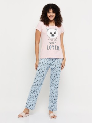 MAX Women Printed Pink Top & Pyjama Set