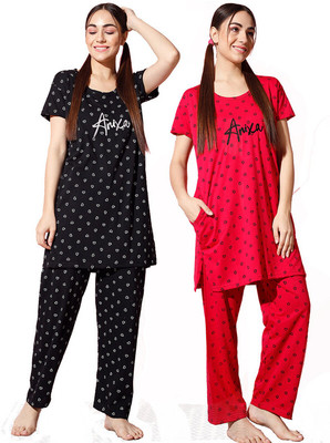 Trendy World Women Printed Black, Red Night Suit Set