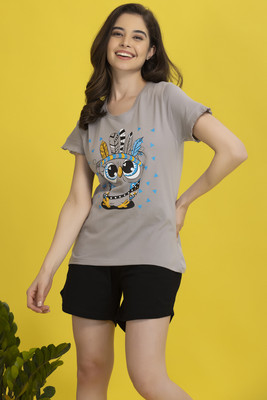 Clovia Women Graphic Print Grey, Black Top & Shorts Set