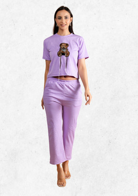 METRONAUT Women Animal Print Purple Night Suit Set