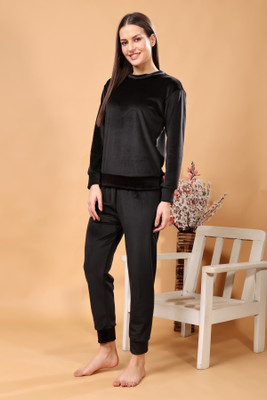 MADFROG Women Solid Black Night Suit Set