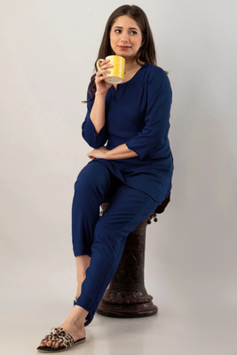 TUHINZIFAB Women Solid Dark Blue Night Suit Set