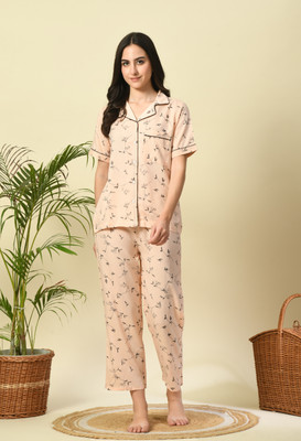 DreamBe Women Printed Beige Shirt & Pyjama set