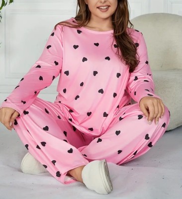 PHALIN Women Printed Pink, Black Top & Pyjama Set