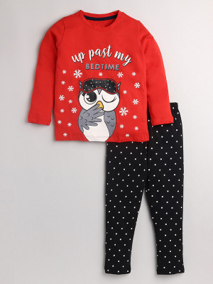 Yk Girls Printed Red, Black Night Suit Set