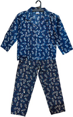 mininest Boys & Girls Printed Dark Blue Night Suit Set