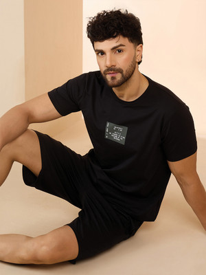 SWEET DREAMS Men Solid Black Top & Shorts Set