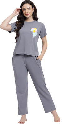 SOFTEN Women Self Design Grey Top & Pyjama Set