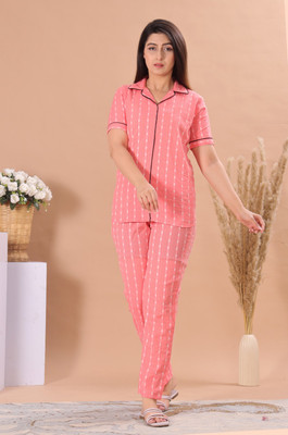 Aura Antique Women Printed Pink Shirt & Pyjama set