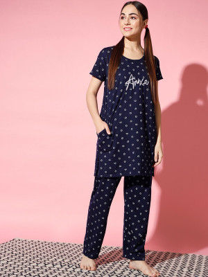 Trendy World Women Printed Blue Shirt & Pyjama set