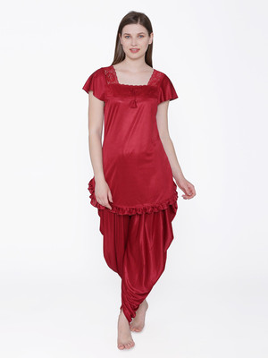 ROWENA Women Solid Maroon Top & Pyjama Set