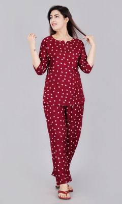 Attnico Women Printed Maroon Top & Pyjama Set