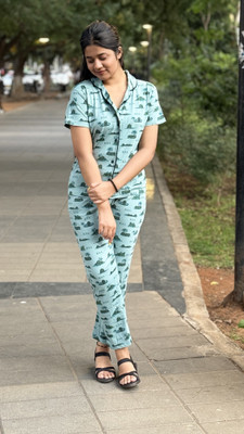 Aeronyx Women Graphic Print Light Green Night Suit Set