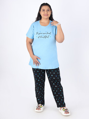 Bloem Women Solid Black, Blue Top & Pyjama Set