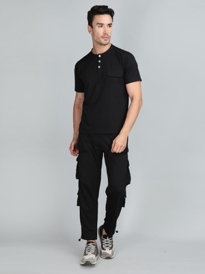 CHKOKKO Men Solid Black Night Suit Set