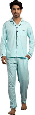 NITE FLITE Men Solid Blue Shirt & Pyjama set