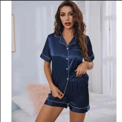 Vd hub Women Solid Dark Blue Night Suit Set