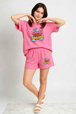 Elvia Women Printed Pink Top & Shorts Set