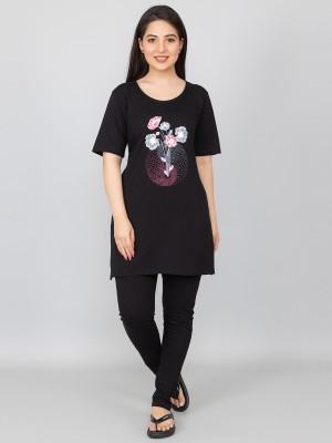 Pyro Spirit Women Printed Black Top & Pyjama Set