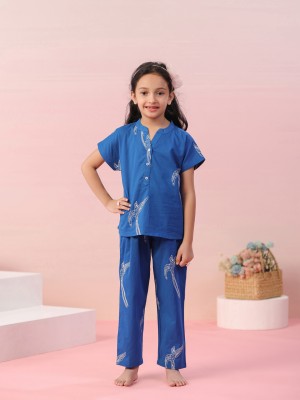 Sanskrutihomes Girls Printed Blue Night Suit Set