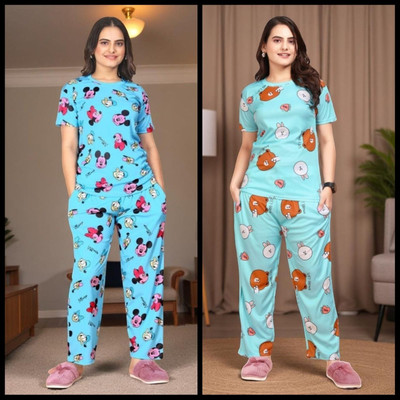 FASHION GREAB Women Printed Blue Top & Pyjama Set