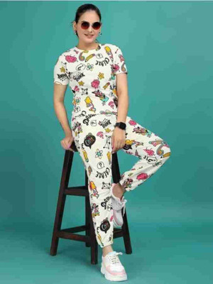 HouseOfCommon Women Printed White Top & Pyjama Set