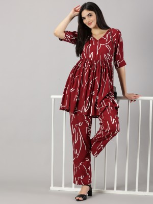 Dressar Women Printed Maroon Top & Pyjama Set