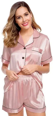 Vd hub Women Solid Pink Night Suit Set