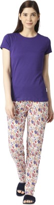 zebu Women Printed, Solid Purple Top & Pyjama Set