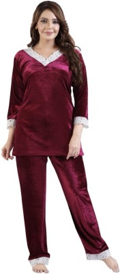 YAZIA Women Self Design Maroon Night Suit Set