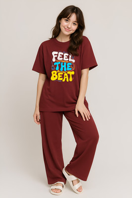 My Swag Women Printed Maroon Top & Pyjama Set