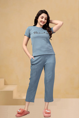 PTELRA Women Printed Light Blue Night Suit Set