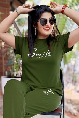kvm digital Girls Solid Green Night Suit Set