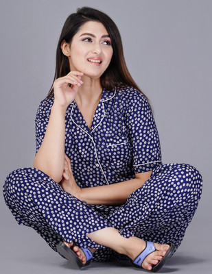 DreamBe Women Polka Print Blue Night Suit Set