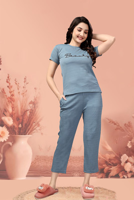 PTELRA Women Printed Light Blue Night Suit Set