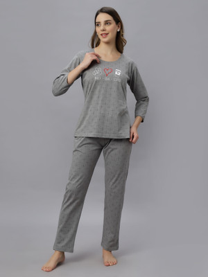 DZZO Women Printed Grey Night Suit Set