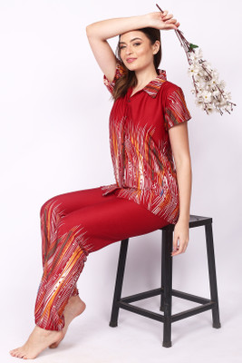Be You Women Floral Print Maroon Shirt & Pyjama set